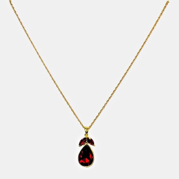 Vintage Red Rhinestone Pear Pendant Necklace 24" Gold Tone - Picture 14 of 16
